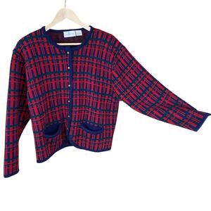 Vintage Ashley Hill Plaid Knit Cardigan Sweater Large Gold Buttons 80s/90s Retro